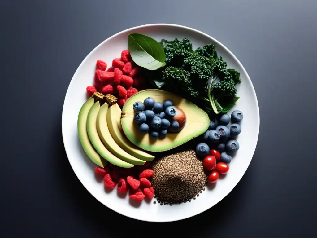 Deliciosa selección de superfoods veganos para combatir estrés en una presentación vibrante y colorida