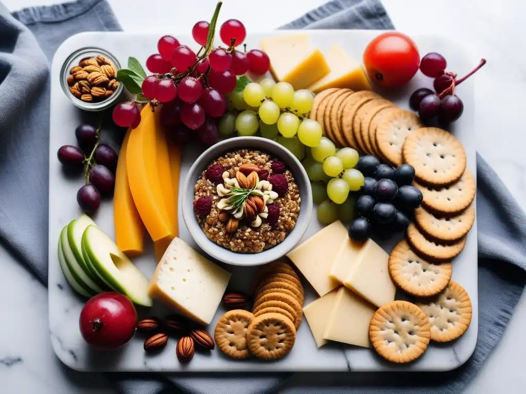 Una deliciosa tabla de embutidos veganos en Australia, con quesos, frutas y frutos secos, presentada con elegancia en mármol blanco