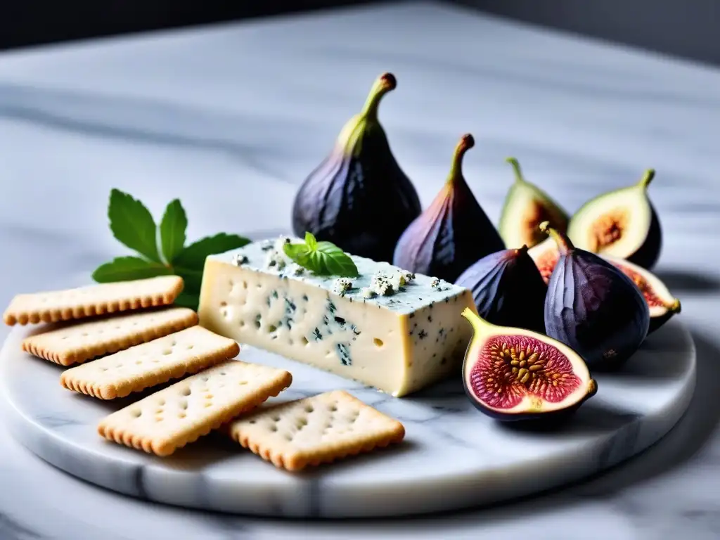 Deliciosa tabla de queso Roquefort vegano con higos frescos, crackers artesanales y miel, en una elegante tabla de mármol