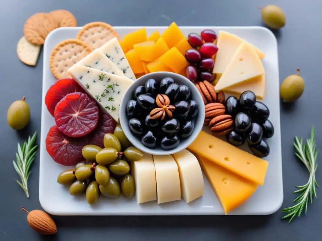 Deliciosa tabla de quesos veganos, frutas y frutos secos sobre mármol
