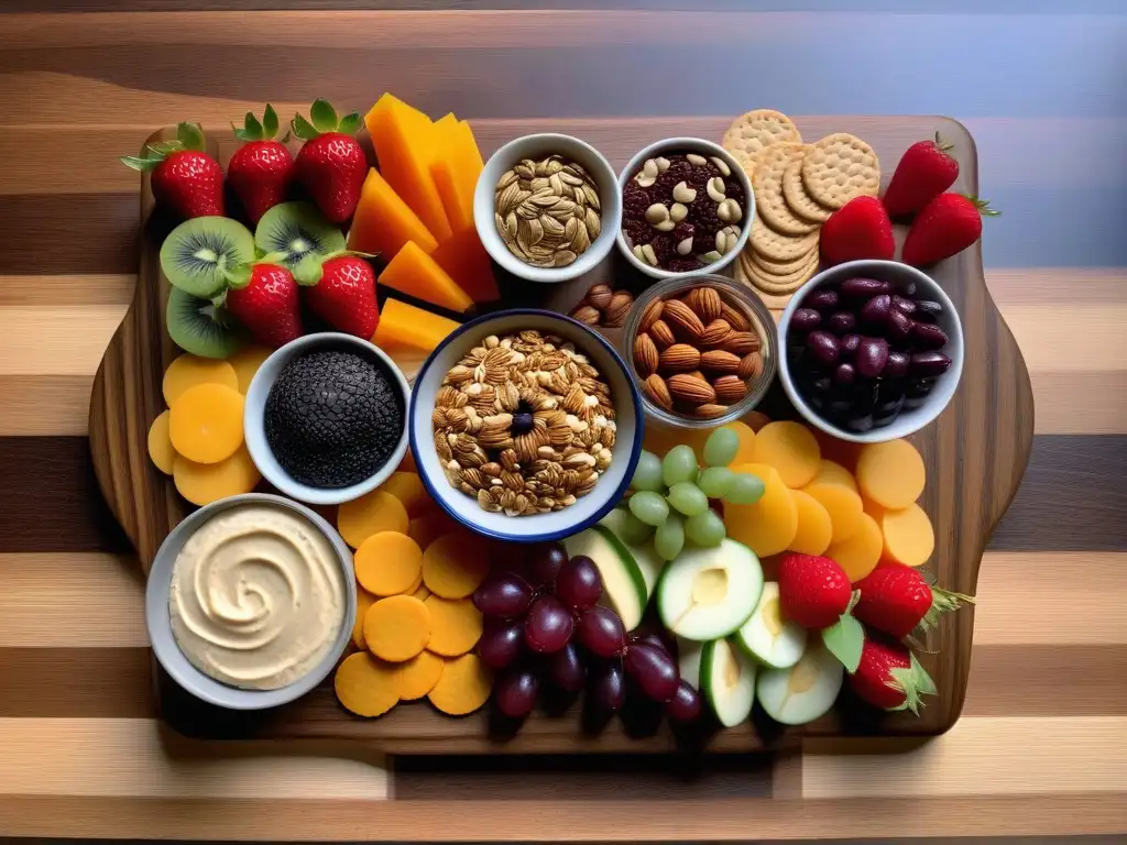 Deliciosa tabla de snacks veganos energéticos con frutas, frutos secos, hummus y crackers, presentada de forma elegante en madera