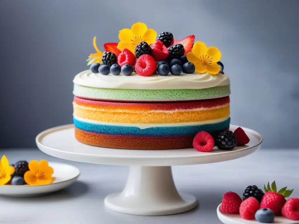 Deliciosa tarta arcoíris vegana con decoración vistosa y frescas frutas