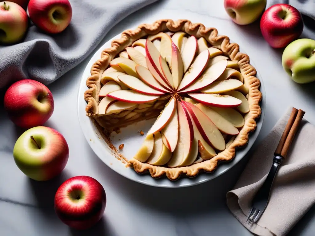 Deliciosa tarta de manzana vegana moderna sobre encimera de mármol, decorada con canela y manzanas frescas