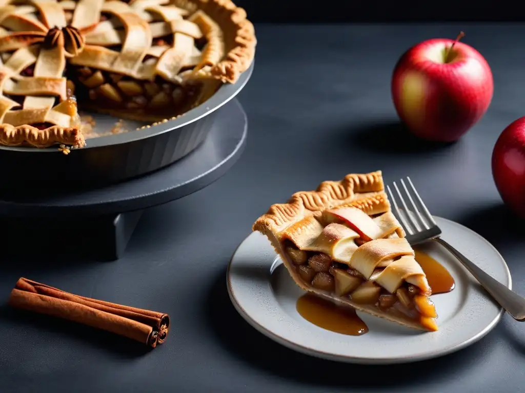 Deliciosa tarta de manzana vegana recién horneada con masa crujiente y relleno de manzana aromático, sobre encimera gris