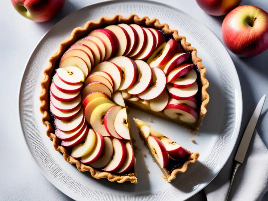 Deliciosa tarta de manzana vegana con detalle ultramoderno, base crujiente, manzanas finamente rebanadas, glaseado y canela