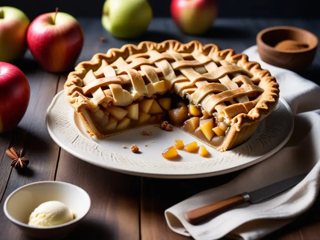 Deliciosa tarta de manzana vegana estilo americano con helado sin lácteos, sobre mesa de madera rustica