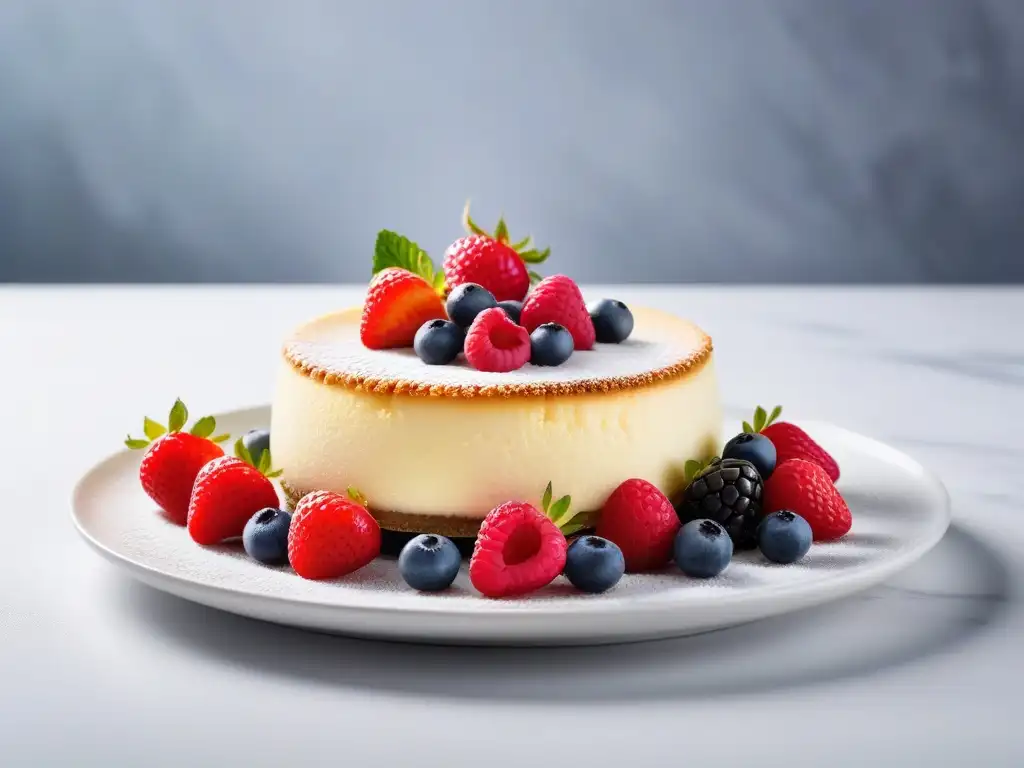 Deliciosa tarta de queso vegana fácil con bayas frescas y menta en plato blanco sobre fondo suave