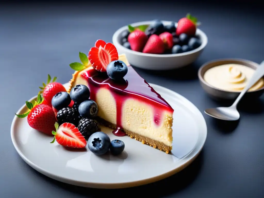 Deliciosa tarta de queso vegana fácil con bayas frescas sobre base de galleta