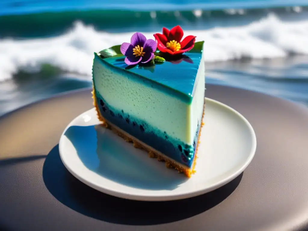 Deliciosa tarta vegana de arándanos y espirulina, con flores comestibles y una pizca de sal marina, sobre fondo de olas y atardecer