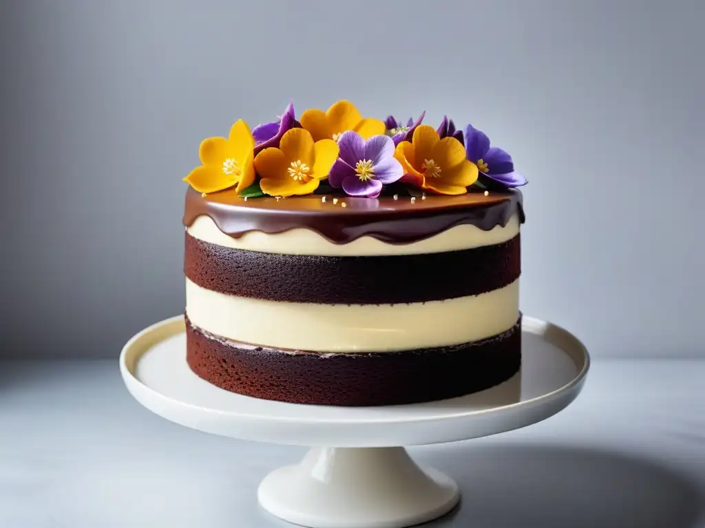 Deliciosa tarta vegana de chocolate con flores comestibles y decoraciones de crema vegana, en un elegante soporte blanco