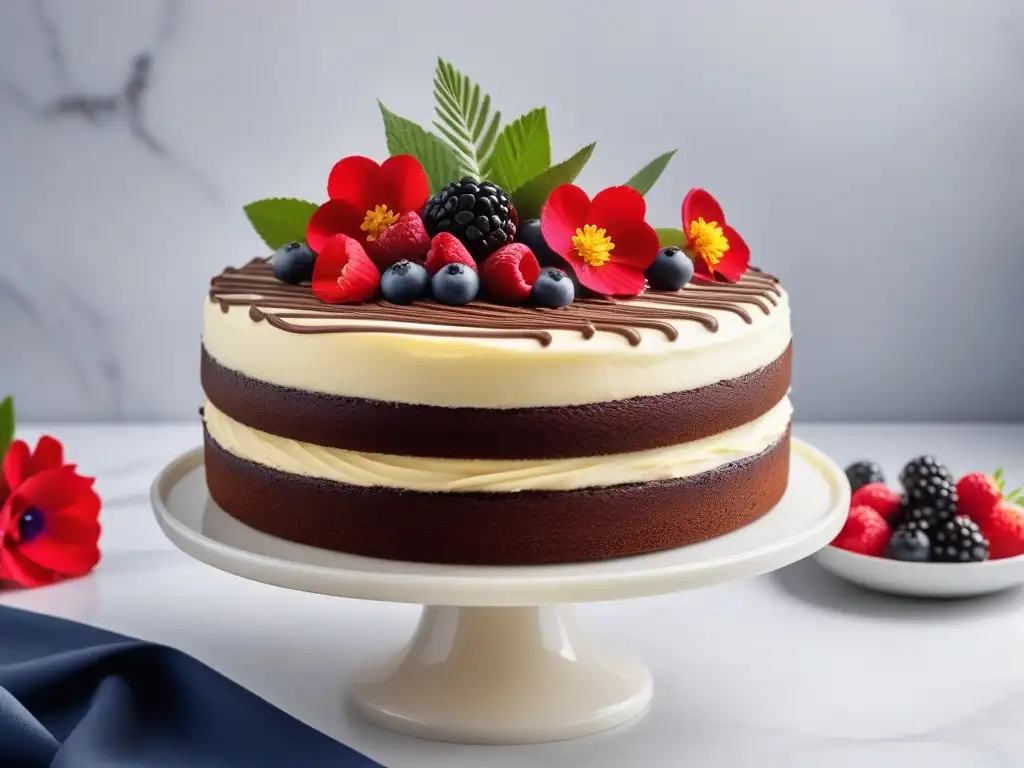 Deliciosa tarta vegana de chocolate decorada con frutas y flores sobre mármol blanco