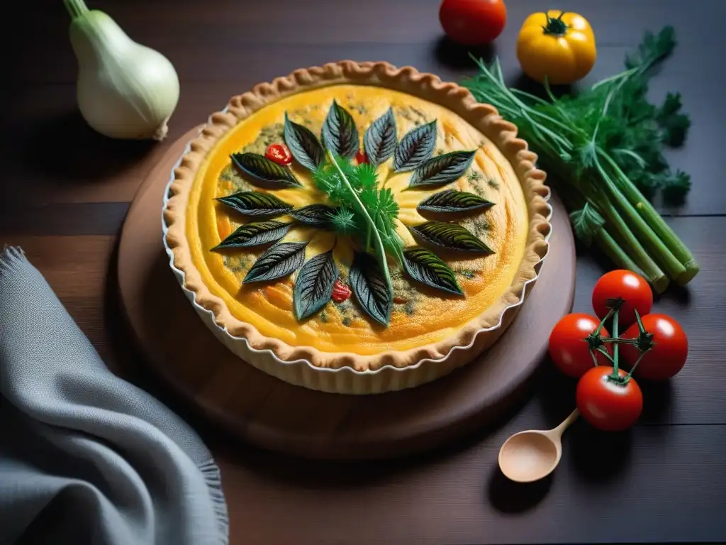 Una deliciosa tarta vegana decorada con vegetales frescos sobre una mesa rústica