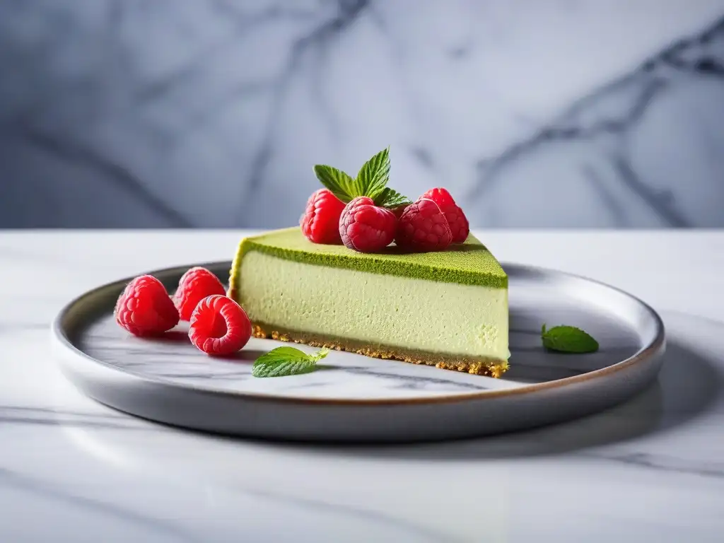 Deliciosa tarta vegana de té matcha con frambuesas frescas y hojas de menta, presentada en tabla de mármol