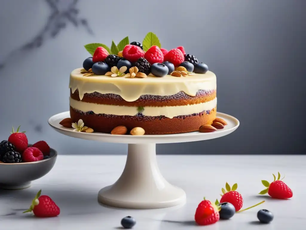 Deliciosa tarta vegana con frutos secos y bayas frescas en elegante presentación sobre pedestal de mármol blanco