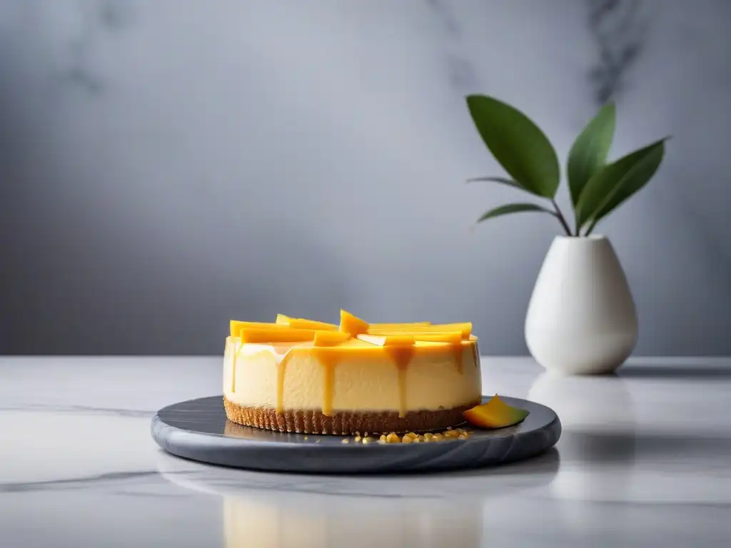 Deliciosa tarta vegana de mango con textura cremosa, decorada con mango fresco y miel dorada alternativa en tabla de mármol