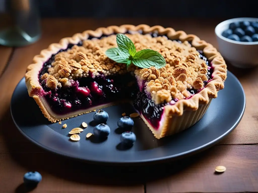 Deliciosa tarta vegana de moras con crujiente de avena dorada, sobre mesa rústica