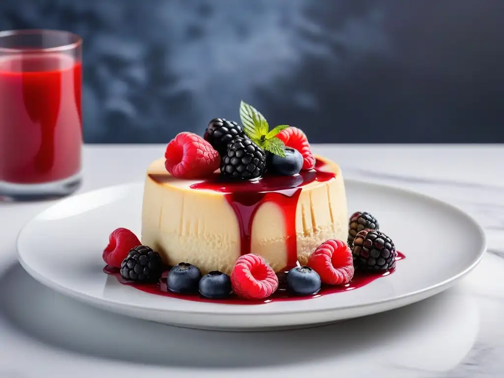 Deliciosa tarta vegana de tofu con frutos rojos y salsa de frambuesa, en plato blanco