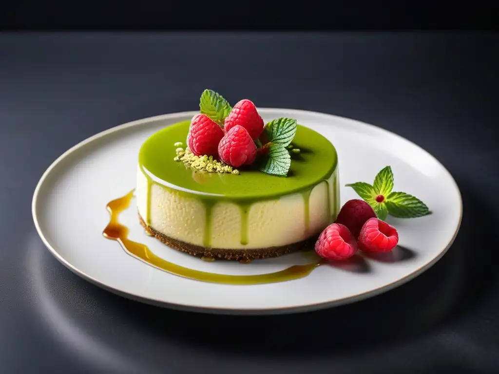 Deliciosa tarta vegana de té verde matcha con frambuesas y sirope de ágave en plato blanco sobre fondo oscuro