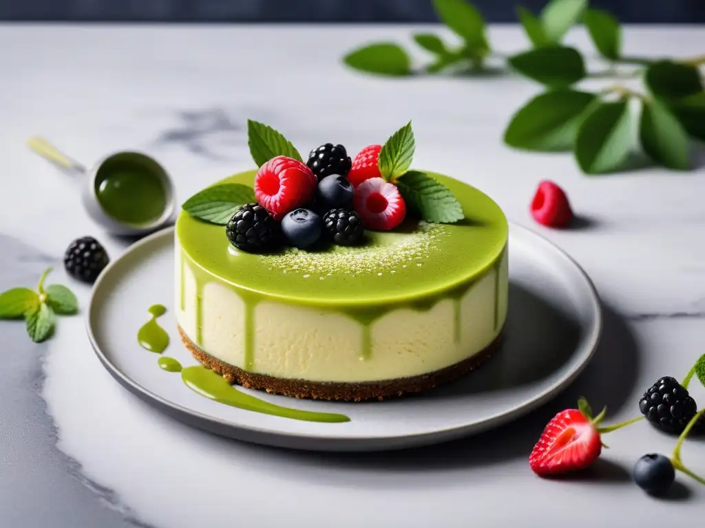 Deliciosa tarta vegana de té verde matcha con frutos rojos y chocolate blanco, en elegante entorno de mármol