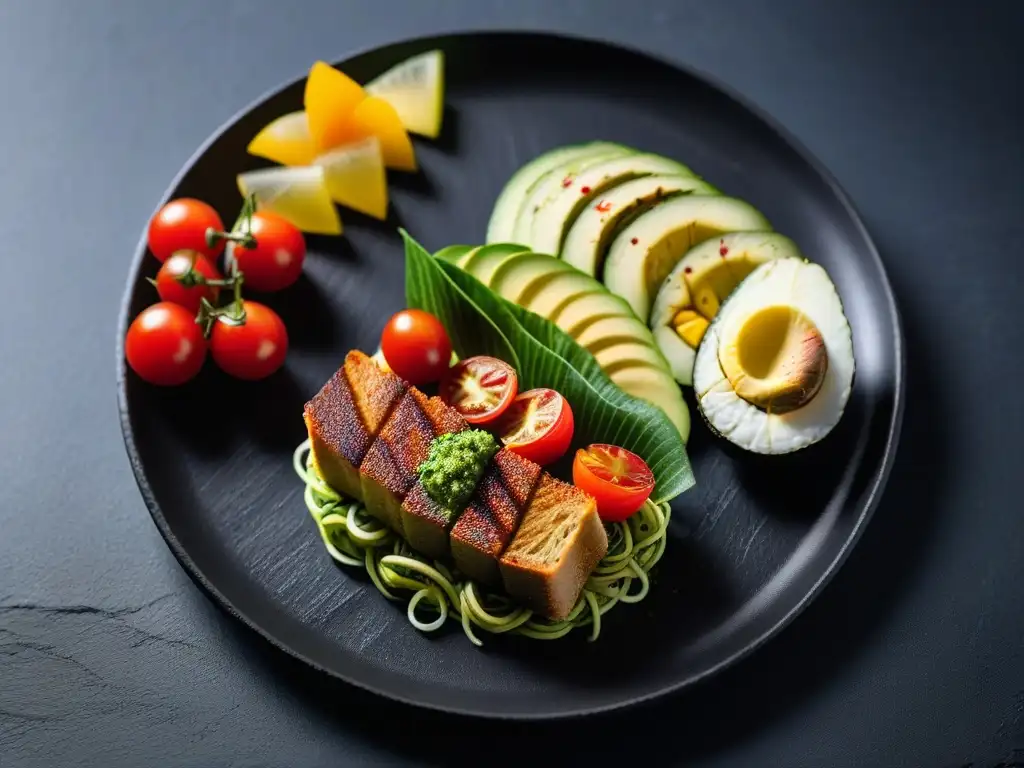 Deliciosa tendencia gastronomía vegana en redes sociales: collage vibrante de coloridos platillos veganos en plato de pizarra