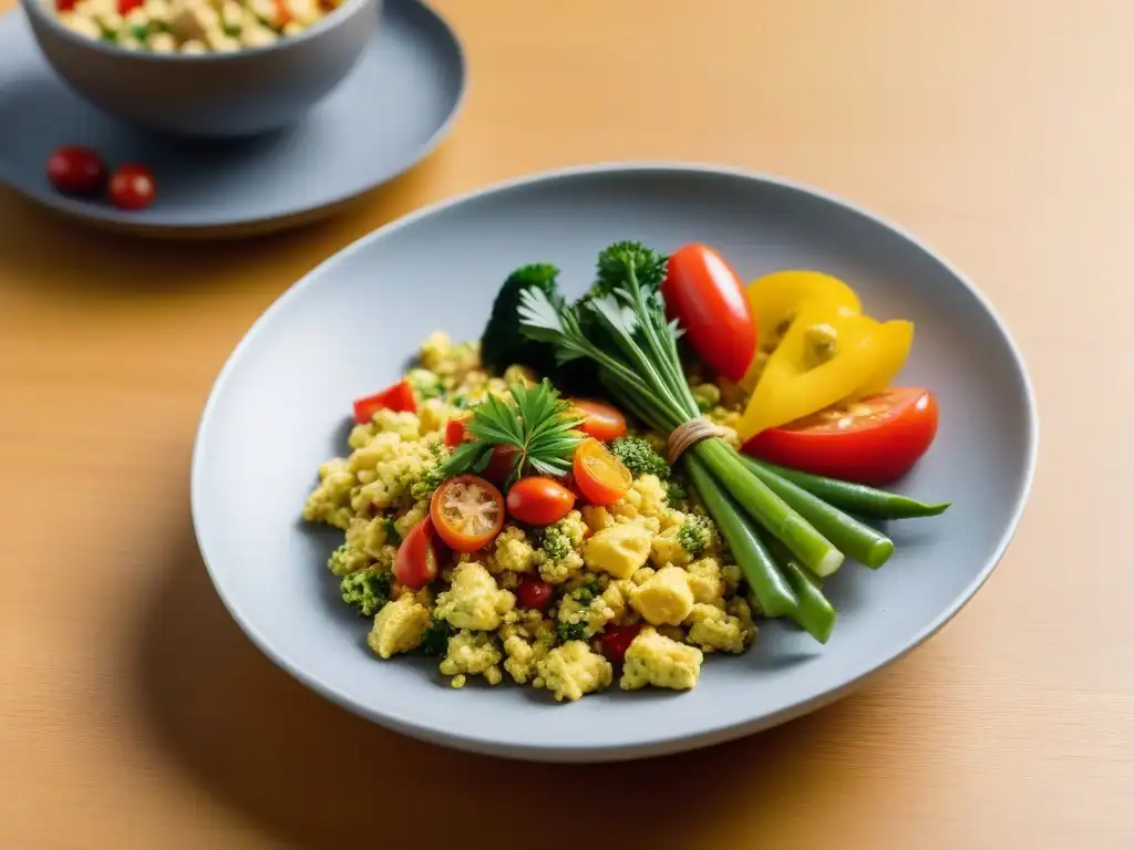 Deliciosa tofu scramble vegana con vegetales coloridos y hierbas en plato minimalista de cerámica