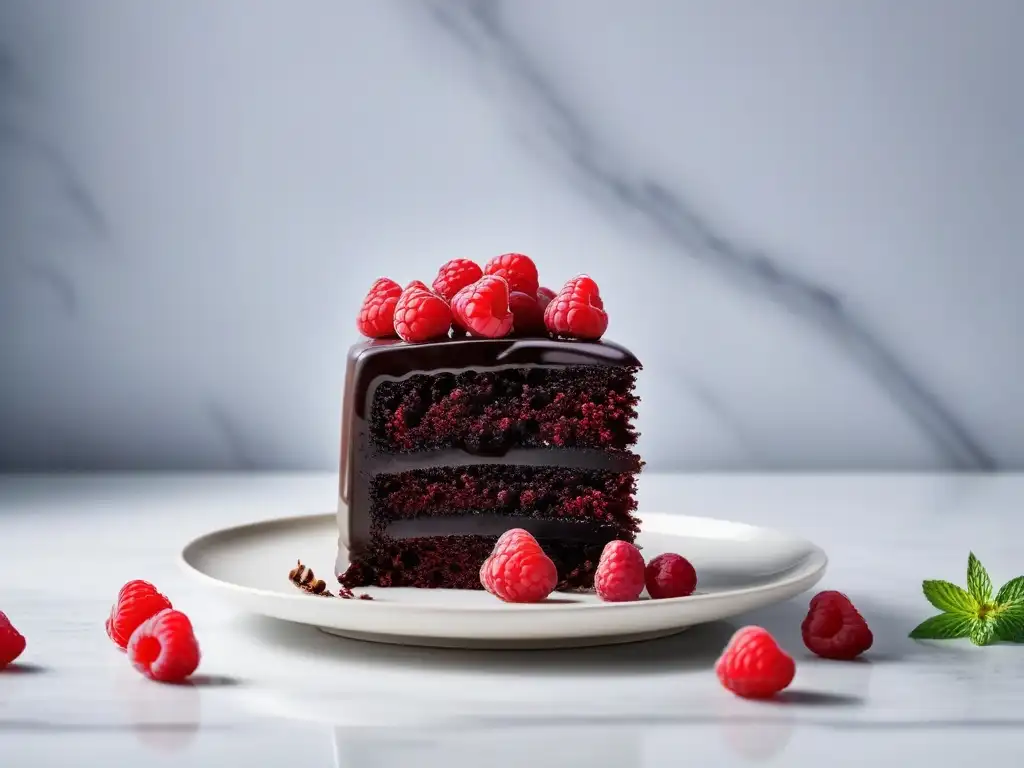 Deliciosa torta vegana de chocolate con ganache de cacao crudo, frambuesas y menta, en elegante plato blanco