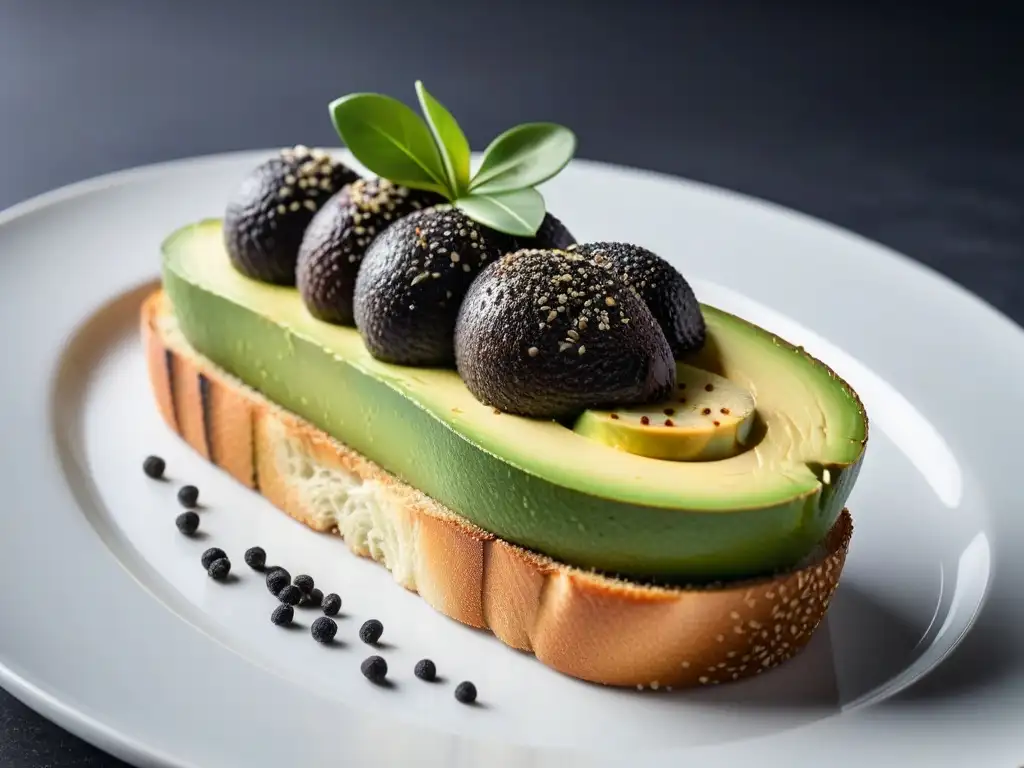 Deliciosa tostada de aguacate en plato blanco, decorada con semillas de sésamo negro y brotes, bañada en glaseado balsámico