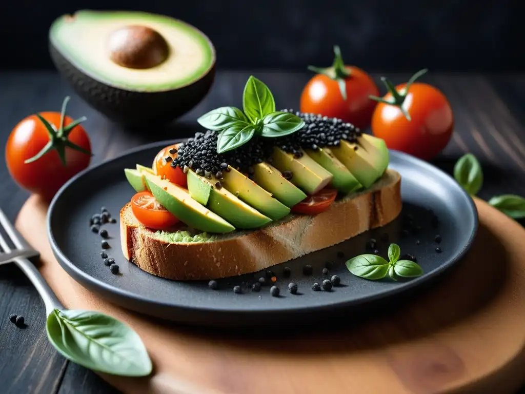 Deliciosa tostada de aguacate con tomate, sésamo negro y balsámico