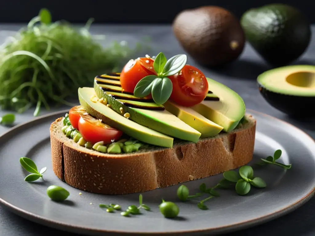 Deléitate con una deliciosa tostada de aguacate vegana, decorada con tomates cherry y microgreens, sobre pan integral artesanal