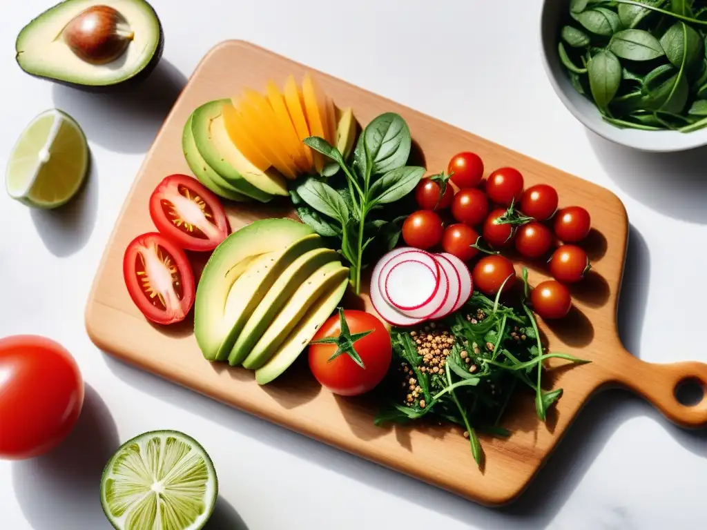 Deliciosa composición de tostadas veganas creativas con aguacate, tomate cherry, rúcula y semillas de sésamo en tabla de madera