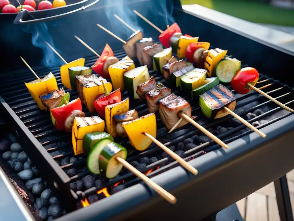 Deliciosa variedad de brochetas veganas a la parrilla en un ambiente cálido y acogedor