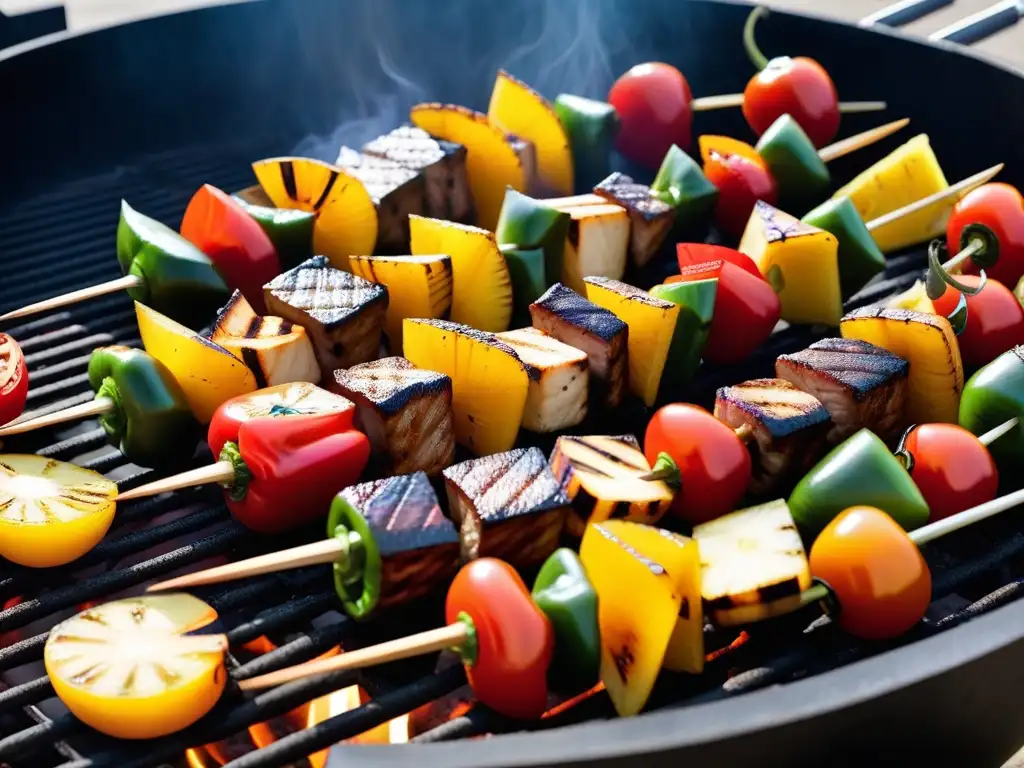 Deliciosa variedad de brochetas veganas a la parrilla con vegetales coloridos y tofu en una parrilla moderna