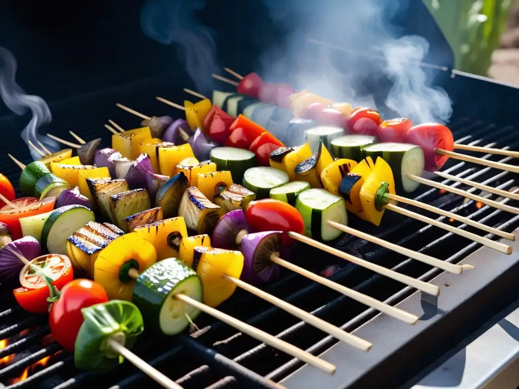 Deliciosa variedad de brochetas de verduras a la parrilla, frescas y coloridas, listas para disfrutar