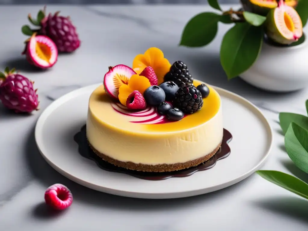 Una deliciosa variedad de cheesecakes veganos de sabores exóticos, decorados con frutas frescas y chocolate, en un plato de mármol moderno