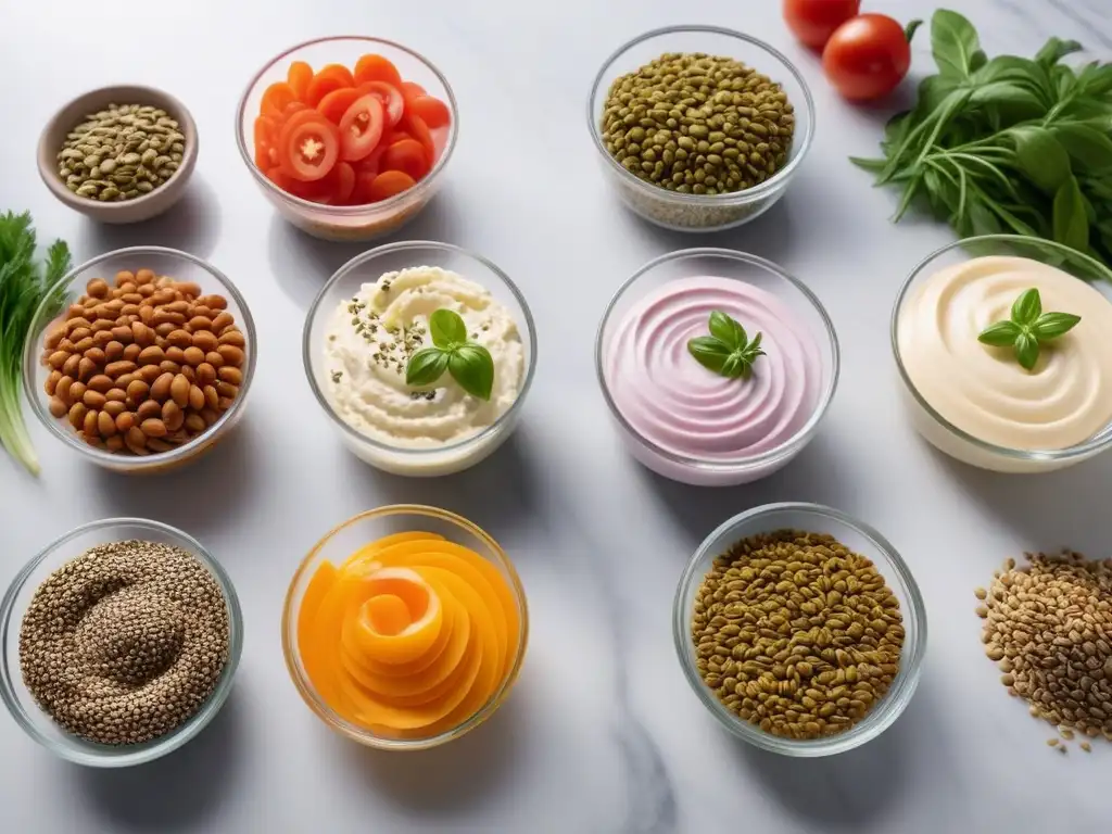 Deliciosa variedad de cremas veganas rodeadas de vegetales frescos y semillas en un elegante mostrador de mármol