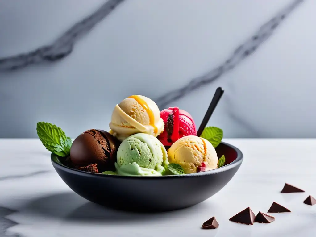 Una deliciosa variedad de helados veganos artesanales sabores en elegante tazón negro mate con menta fresca y salsa de chocolate vegana