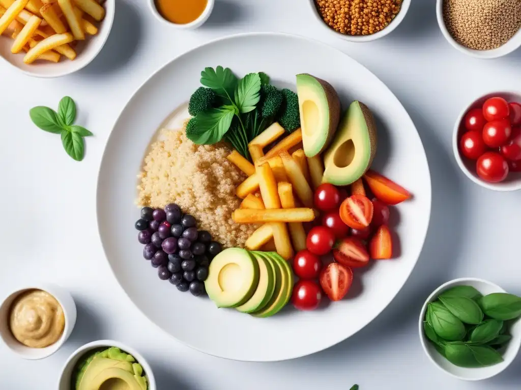 Una deliciosa variedad de menús veganos para niños divertidos, con frutas, verduras y granos saludables en un plato blanco