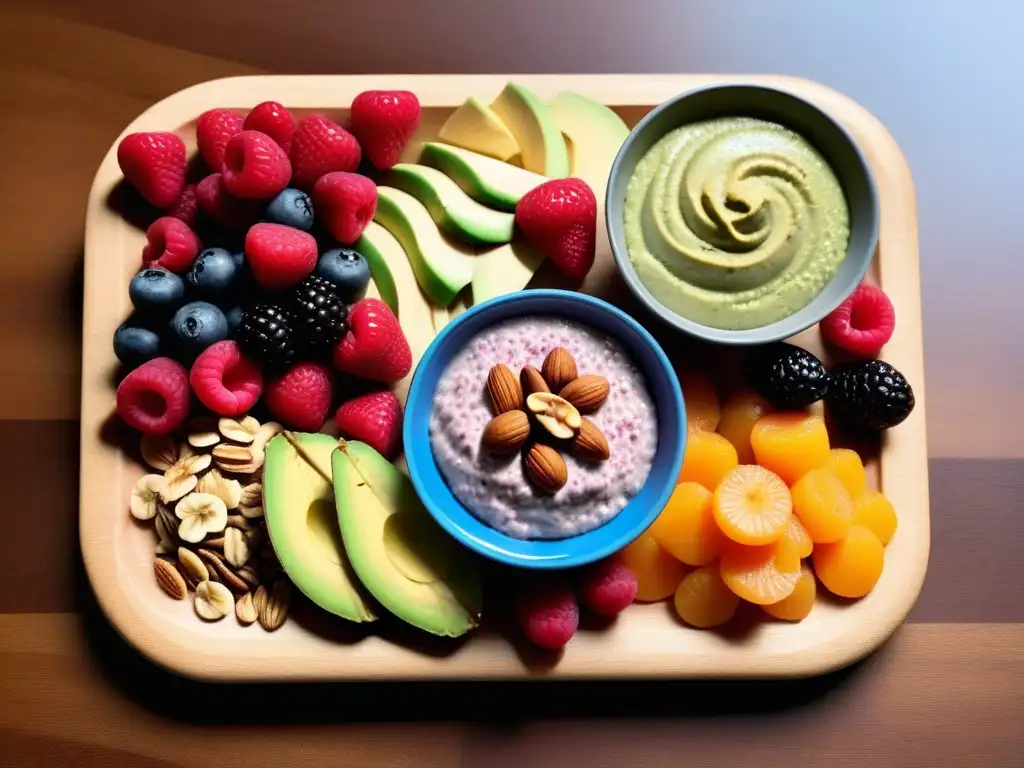 Una deliciosa variedad de meriendas veganas sin gluten en plato de madera moderno