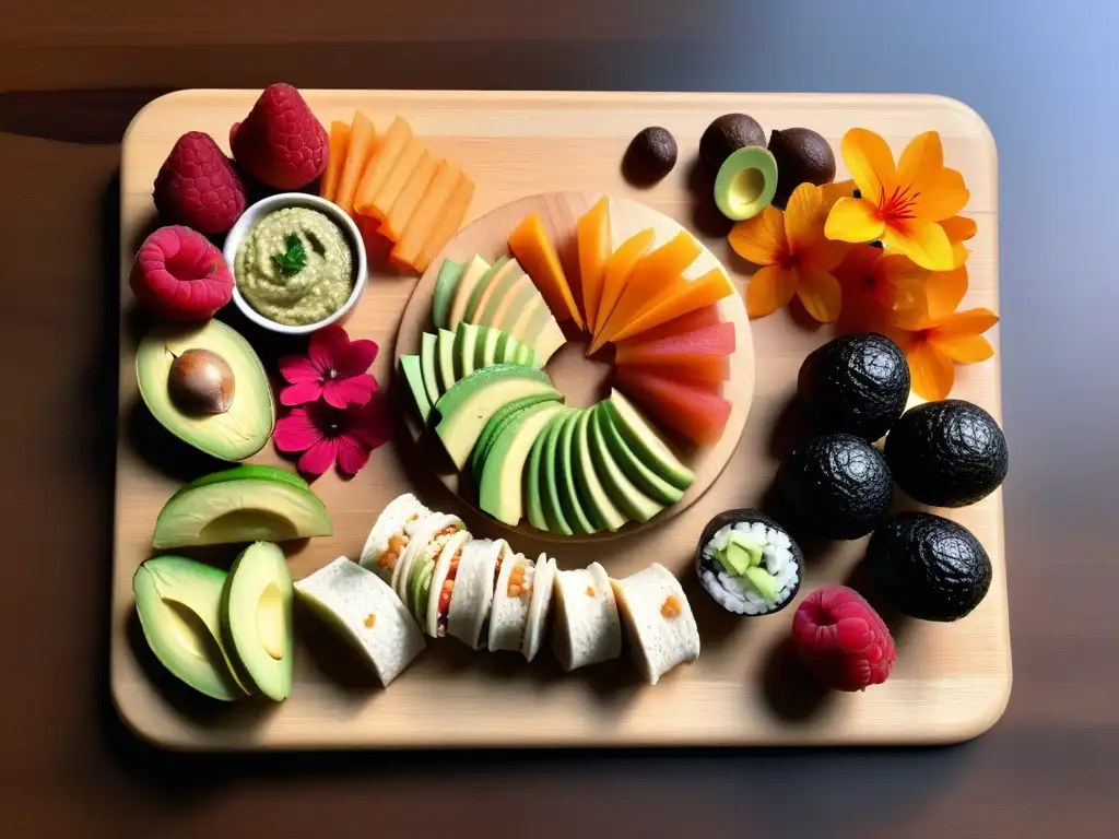 Deliciosa variedad de meriendas veganas fáciles para niños, con wraps de aguacate, sushi de verduras, frutas y energéticas bolitas de coco en tabla