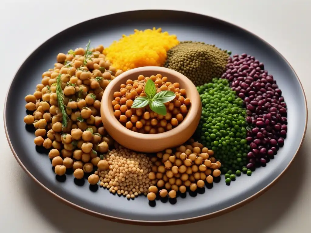 Delicias veganas: legumbres coloridas en plato minimalista Una deliciosa variedad de platos veganos con legumbres, decorados con hierbas y especias coloridas en una elegante bandeja minimalista