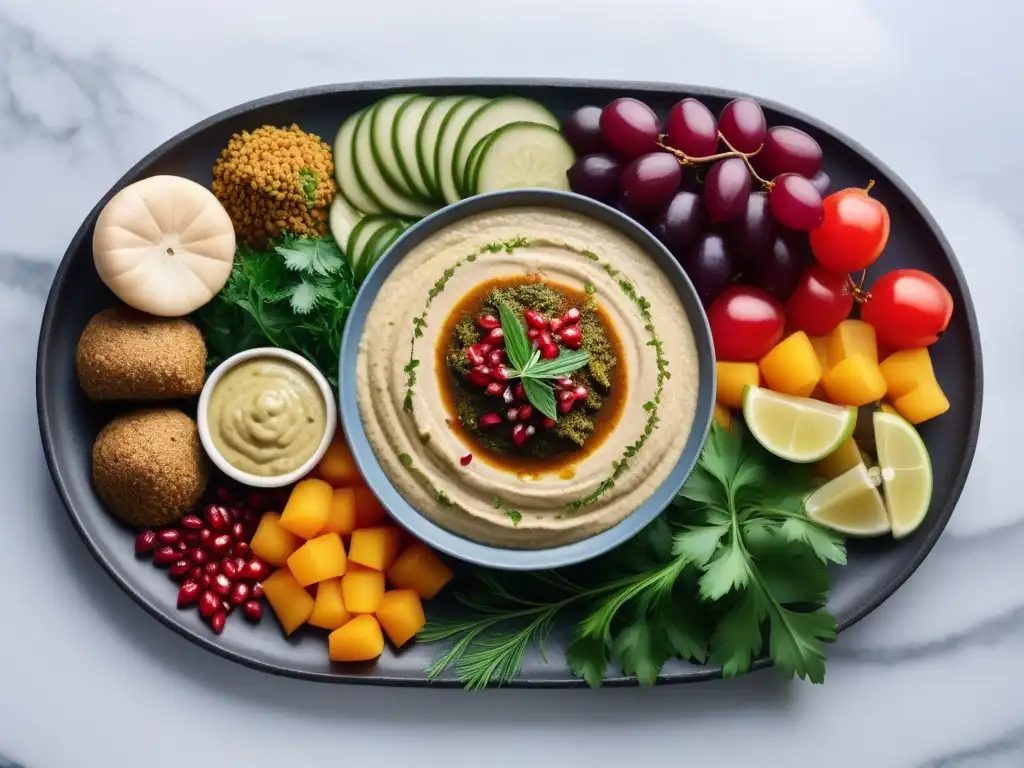 Una deliciosa variedad de platos veganos mediorientales en una presentación colorida y apetitosa