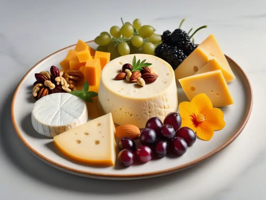 Deliciosa variedad de quesos veganos latinos: texturas y colores vibrantes con hierbas frescas y frutas