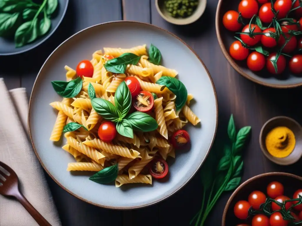 Deliciosa variedad de recetas pasta vegana sabores en mesa rústica con ingredientes coloridos y frescos