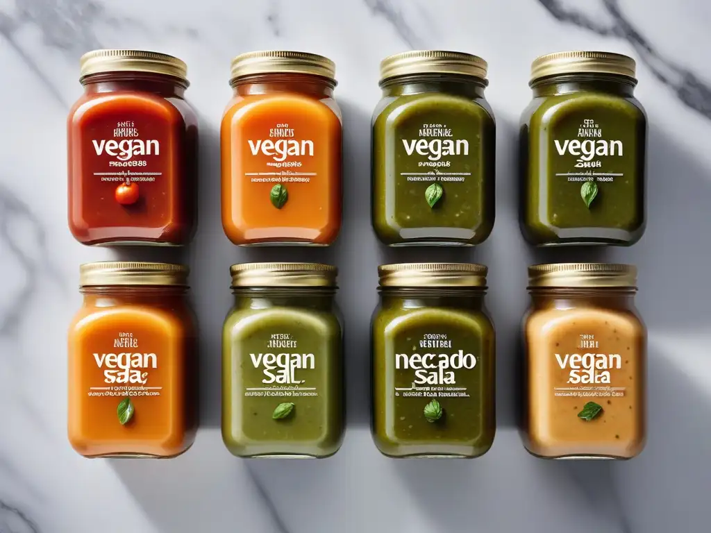 Una deliciosa variedad de salsas y cremas veganas en frascos de vidrio en una encimera de mármol, rodeada de hierbas frescas