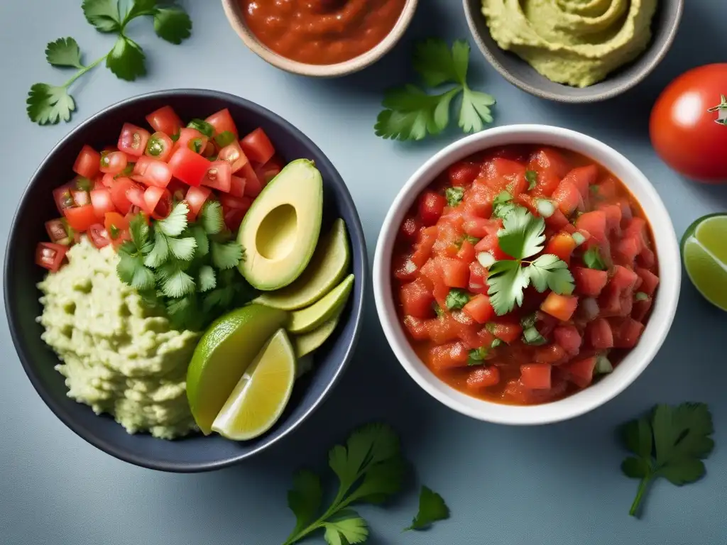 Una deliciosa variedad de salsas veganas con sabor latino en cuencos coloridos en una cocina moderna