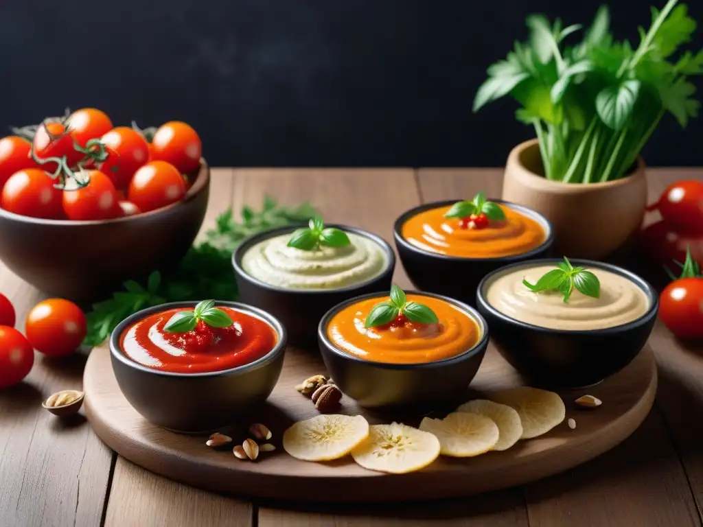 Una deliciosa variedad de salsas veganas mediterráneas fácilmente accesibles en cuencos de cristal, rodeadas de hierbas frescas y tomates cherry