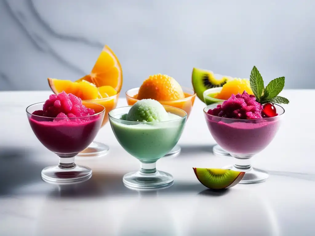 Una deliciosa variedad de sorbetes veganos con frutas exóticas y menta en elegante presentación