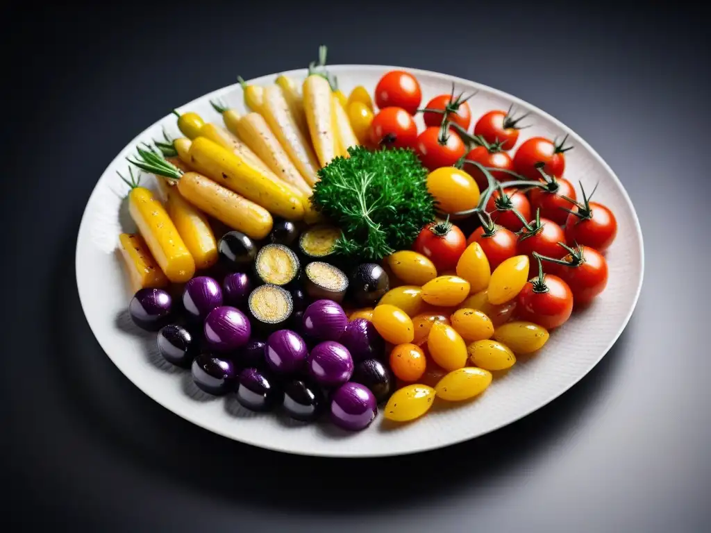 Deliciosa variedad de vegetales asados en plato blanco, con aceite de oliva y hierbas frescas