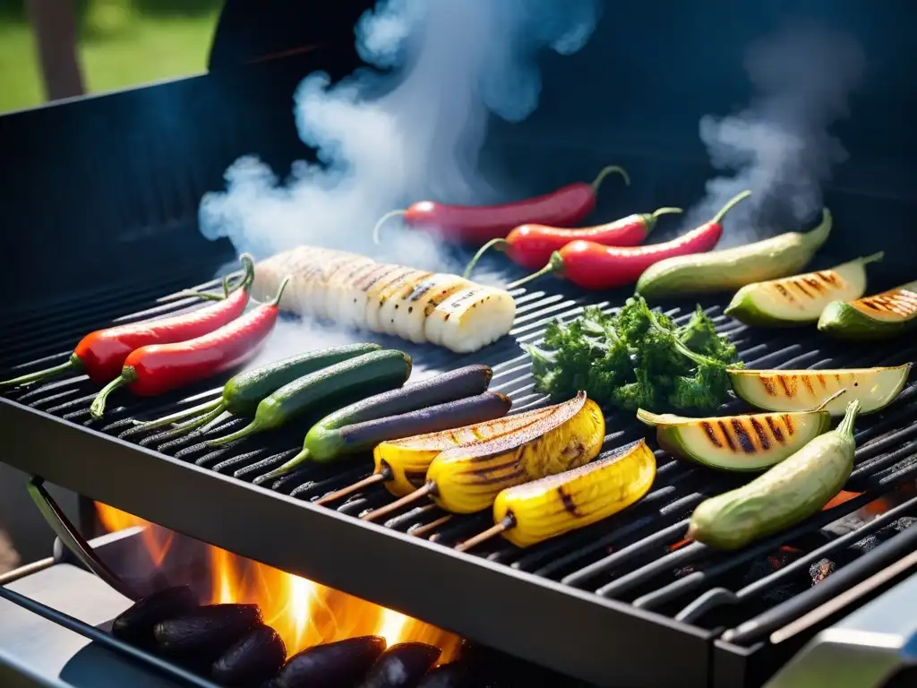 Una deliciosa variedad de vegetales a la parrilla en una barbacoa moderna, mostrando el arte de la cocina vegana sin carne