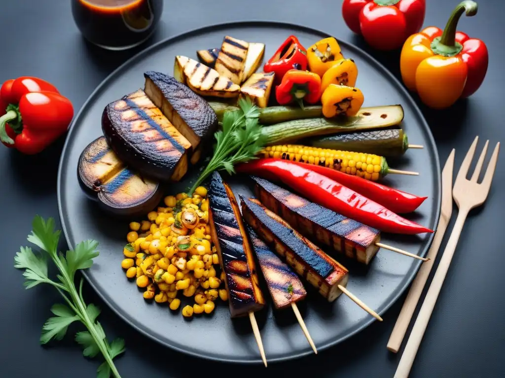 Deliciosa variedad de verduras a la parrilla, bañadas en salsa BBQ vegana, en una presentación artística